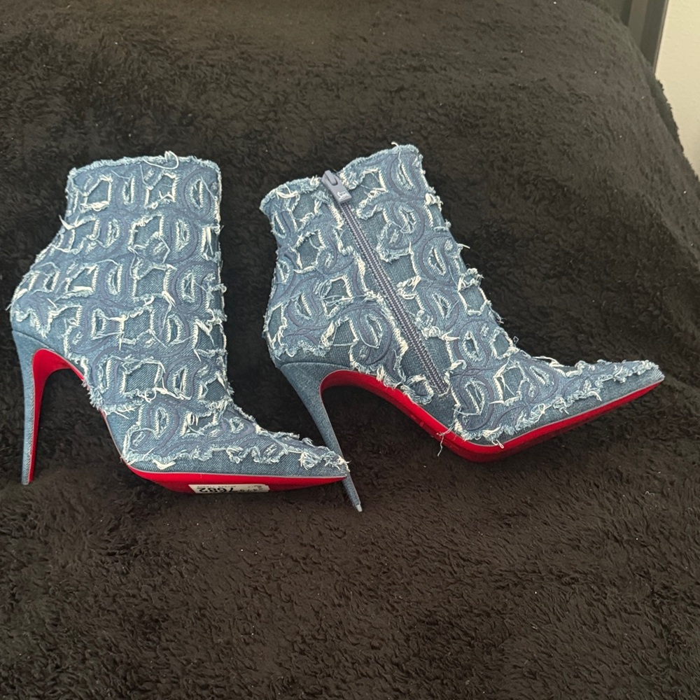 Christian Louboutin Blue Denim Heeled Boots with Red Soles